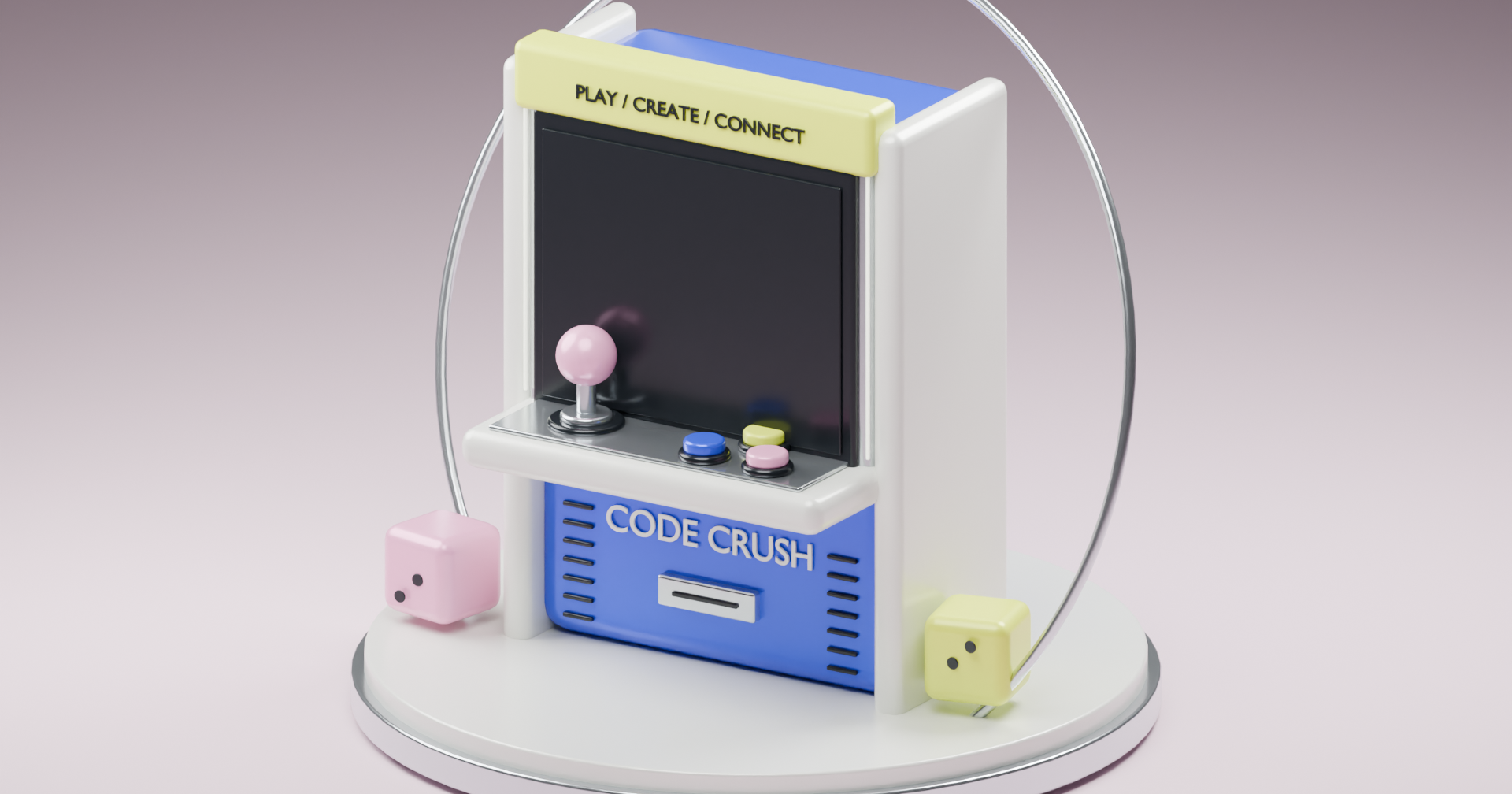 Un concept Code Crush modélisé et rendu dans Blender, puis livré au navigateur comme une scène 3D temps réel. La proposition et l'asset de production sont le même fichier.