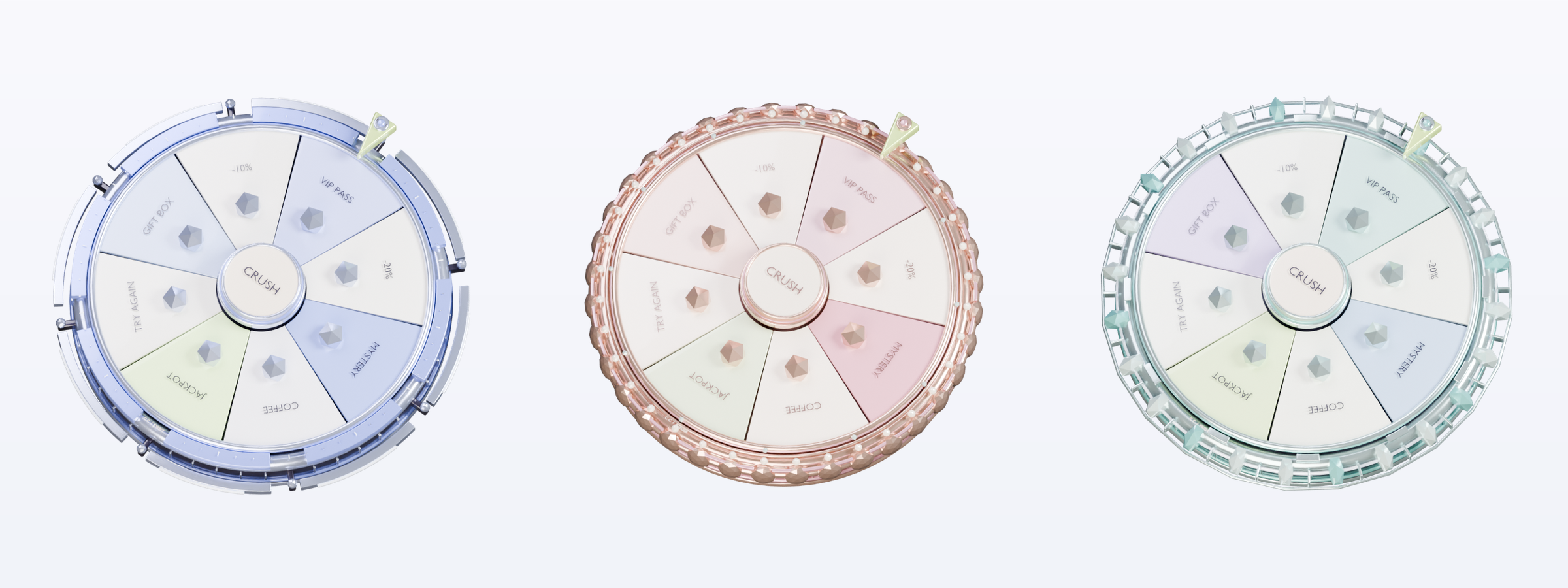 Trois des quatre sculptures Lucky Wheel — Orbit, Atelier et Prism — régénérées depuis des sources Blender scriptées. Même contrat géométrique, même code de jeu, objet entièrement différent.