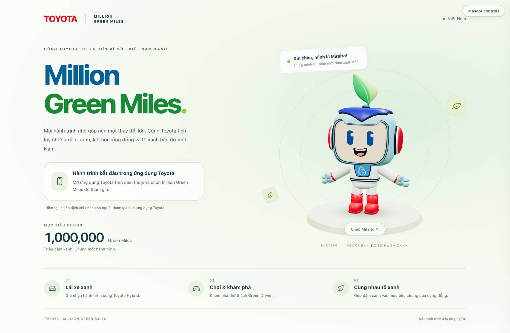 The landing page build, in Vietnamese. Same 2.5 MB character file, now doing a job: greeting, pointing at the goal, giving the page something alive in it.