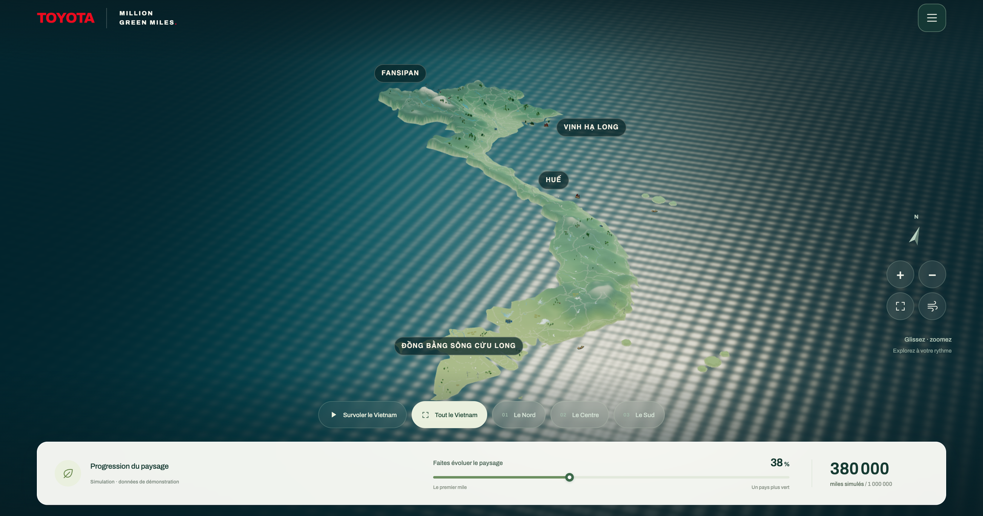 The live map. Built as a concept for a Toyota Vietnam campaign pitch, so the mileage figures are demo data — the terrain, the roads and the trees are real work.