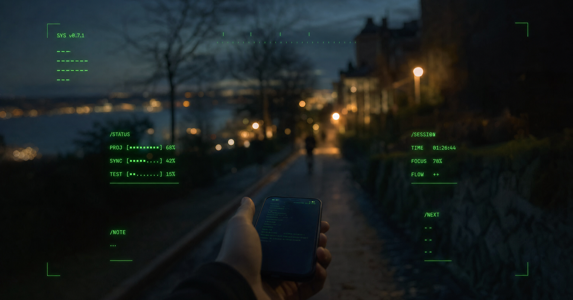The idea in one frame: a monochrome HUD floating over the street while a coding agent works on a machine you left at home.
