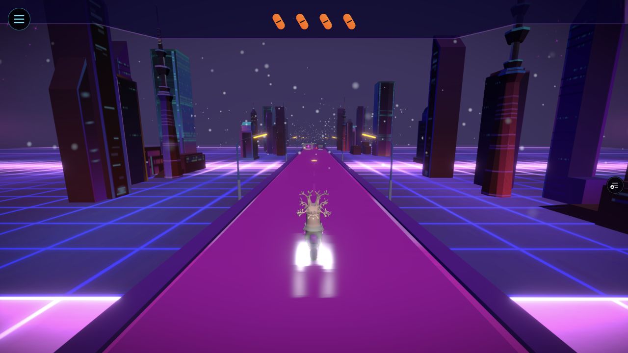 Inside the game: a character races through the neon city, with obstacles ahead and an energy indicator at the top of the screen.